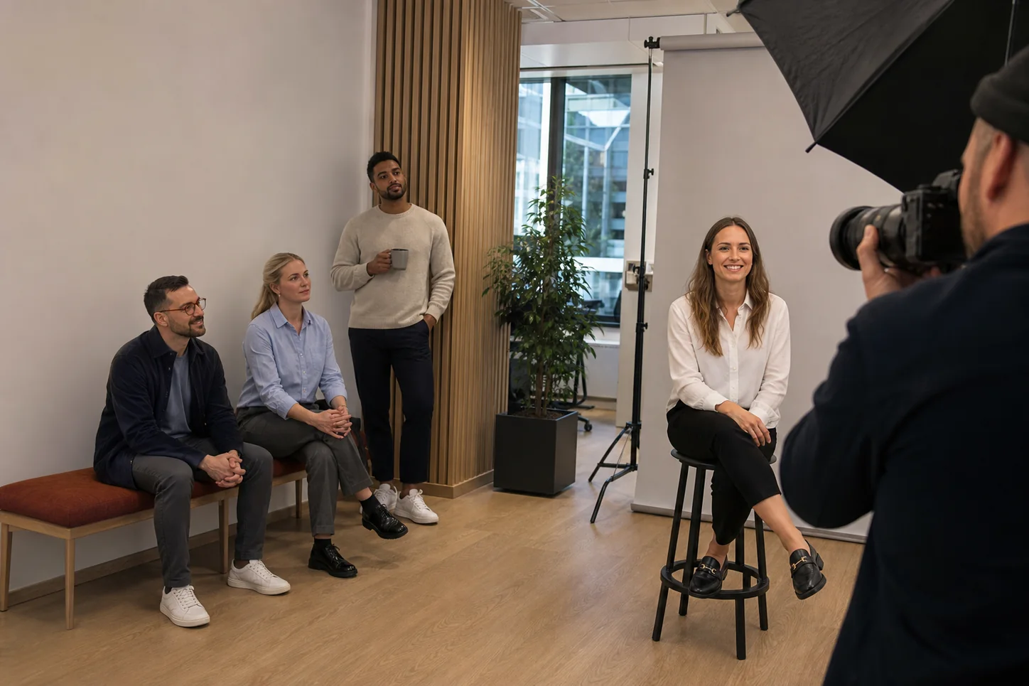 Fotograf tar ansattbilder i Oslo med mobilt studio på et moderne kontor
