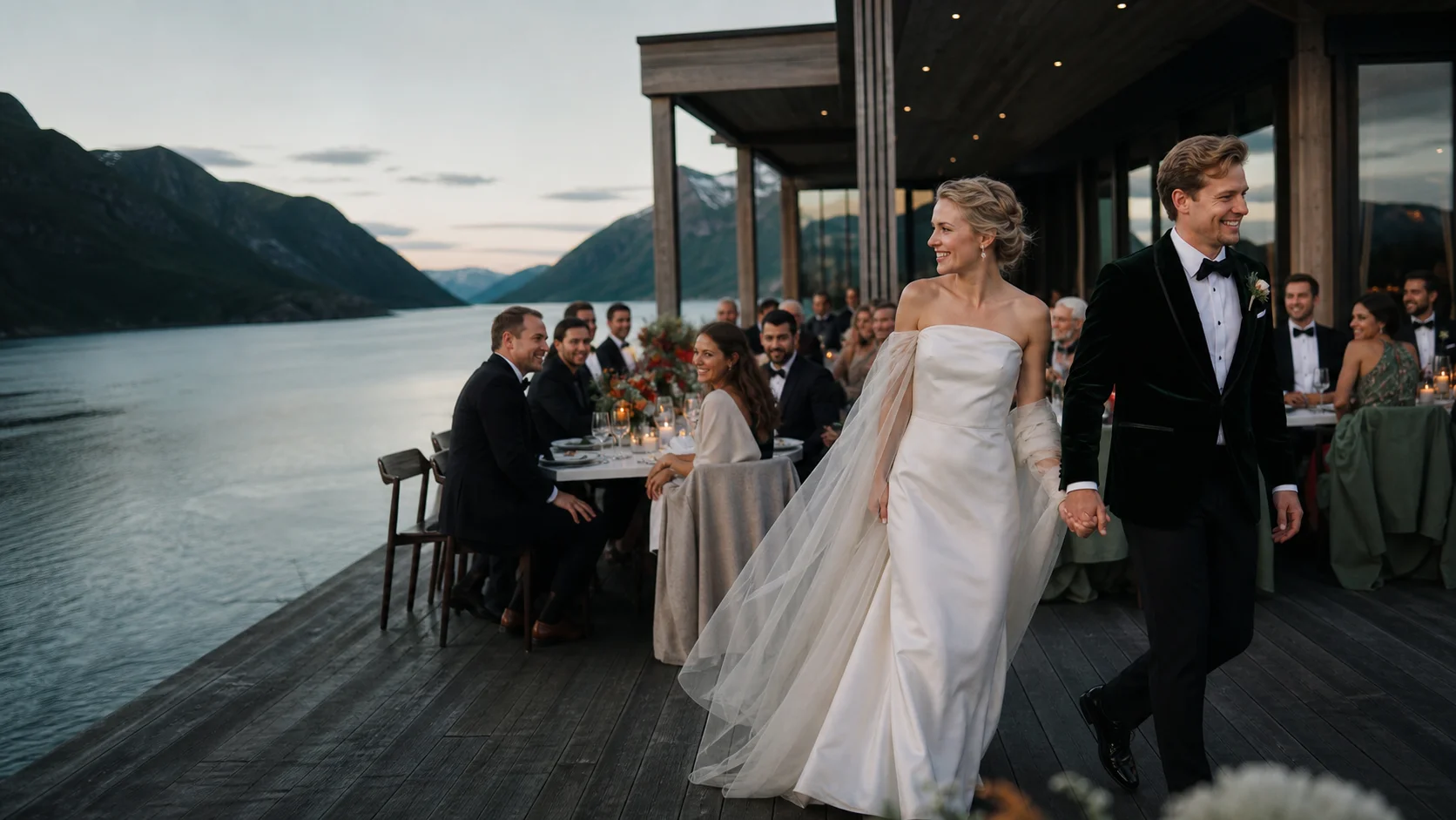 Bryllupsfeiring ved en nordnorsk fjord i sommerlyset