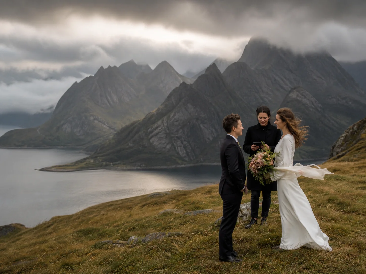 Lofoten elopement photographer documenting vows on a windswept ridge