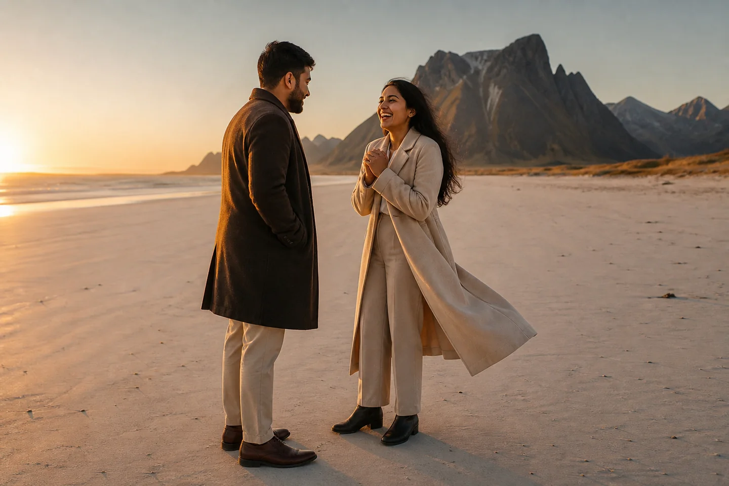 Proposal moment on a Lofoten beach at sunrise