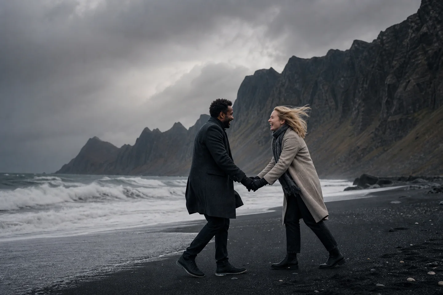 Windy couple session on a dramatic Lofoten beach