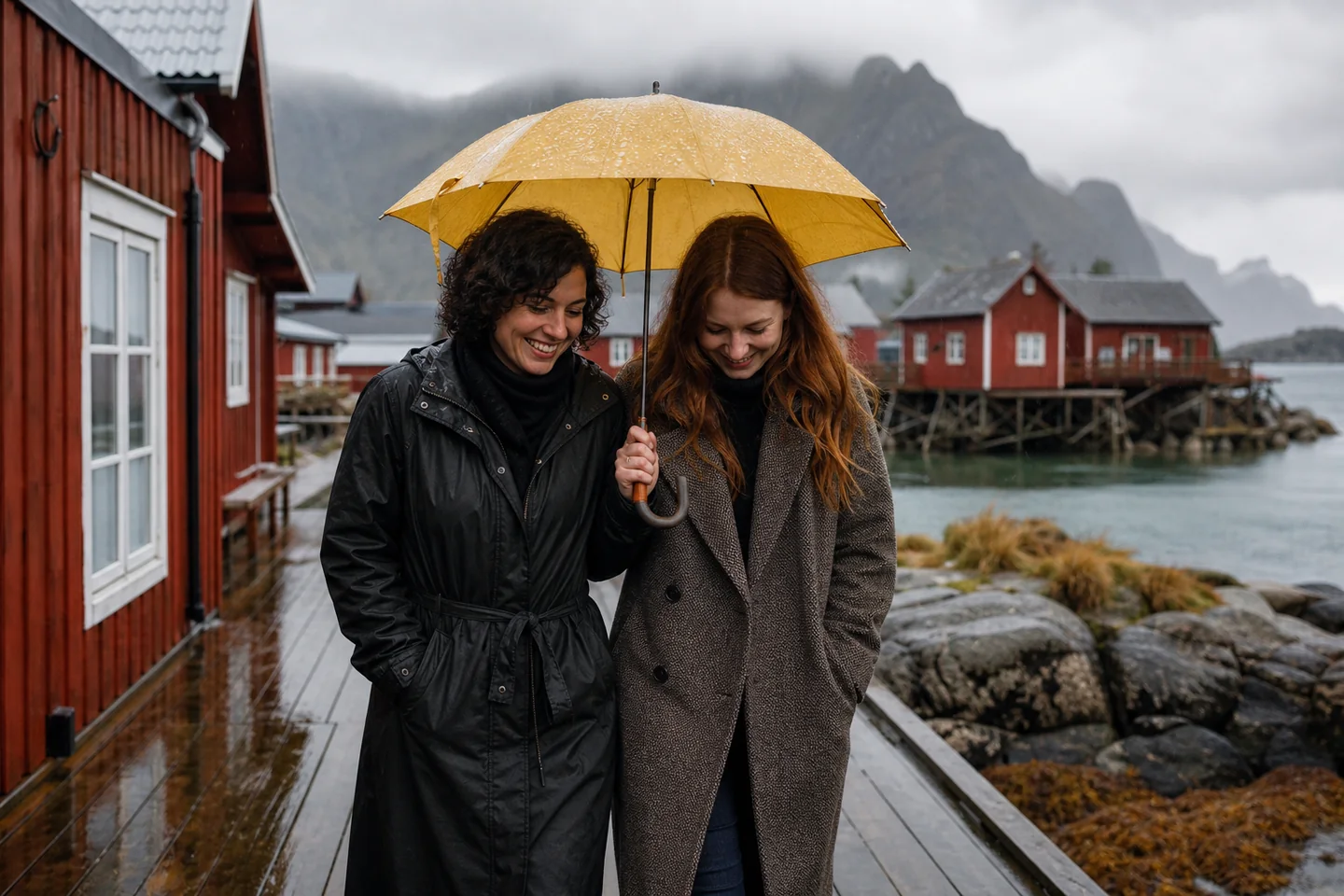 Couple walking beneath an umbrella in a rainy Lofoten fishing village