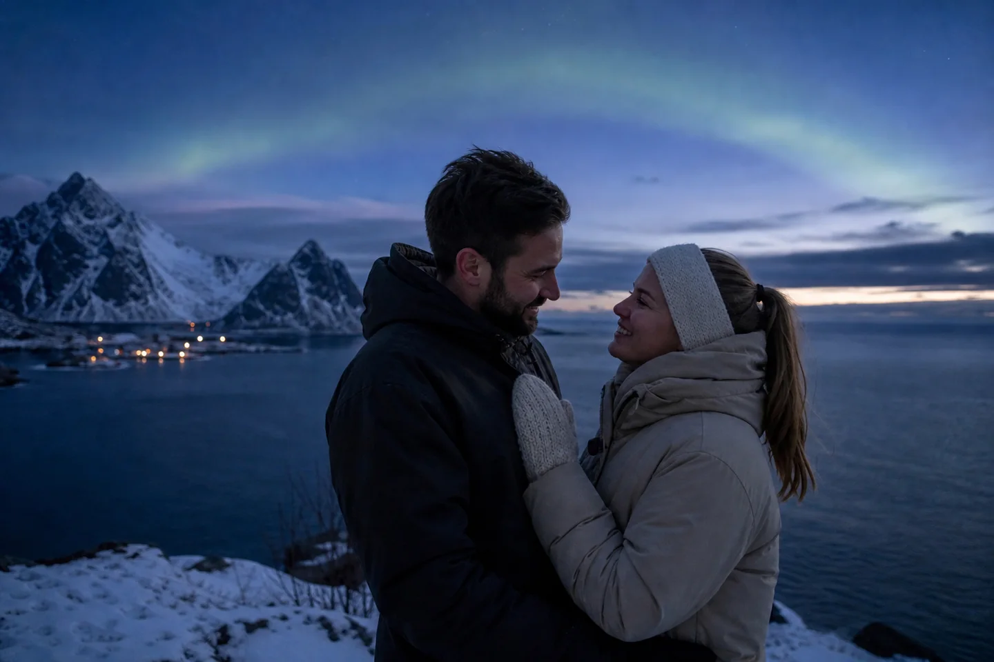 Winter engagement portrait in Lofoten at snowy twilight