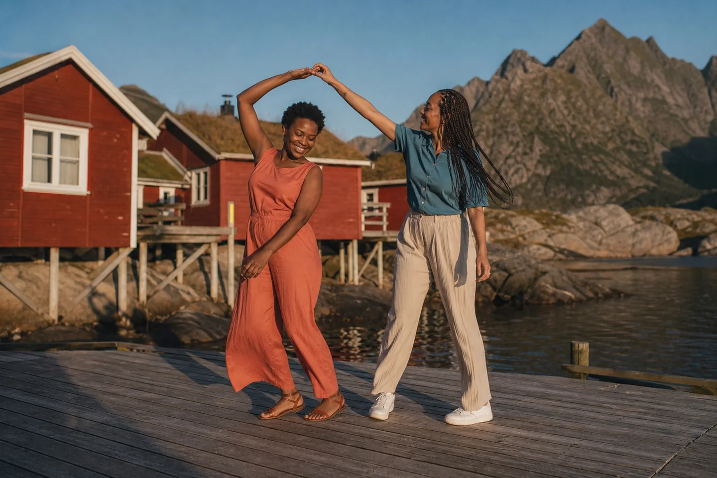 Couple dancing beside red fishing cabins in the Lofoten midnight sun