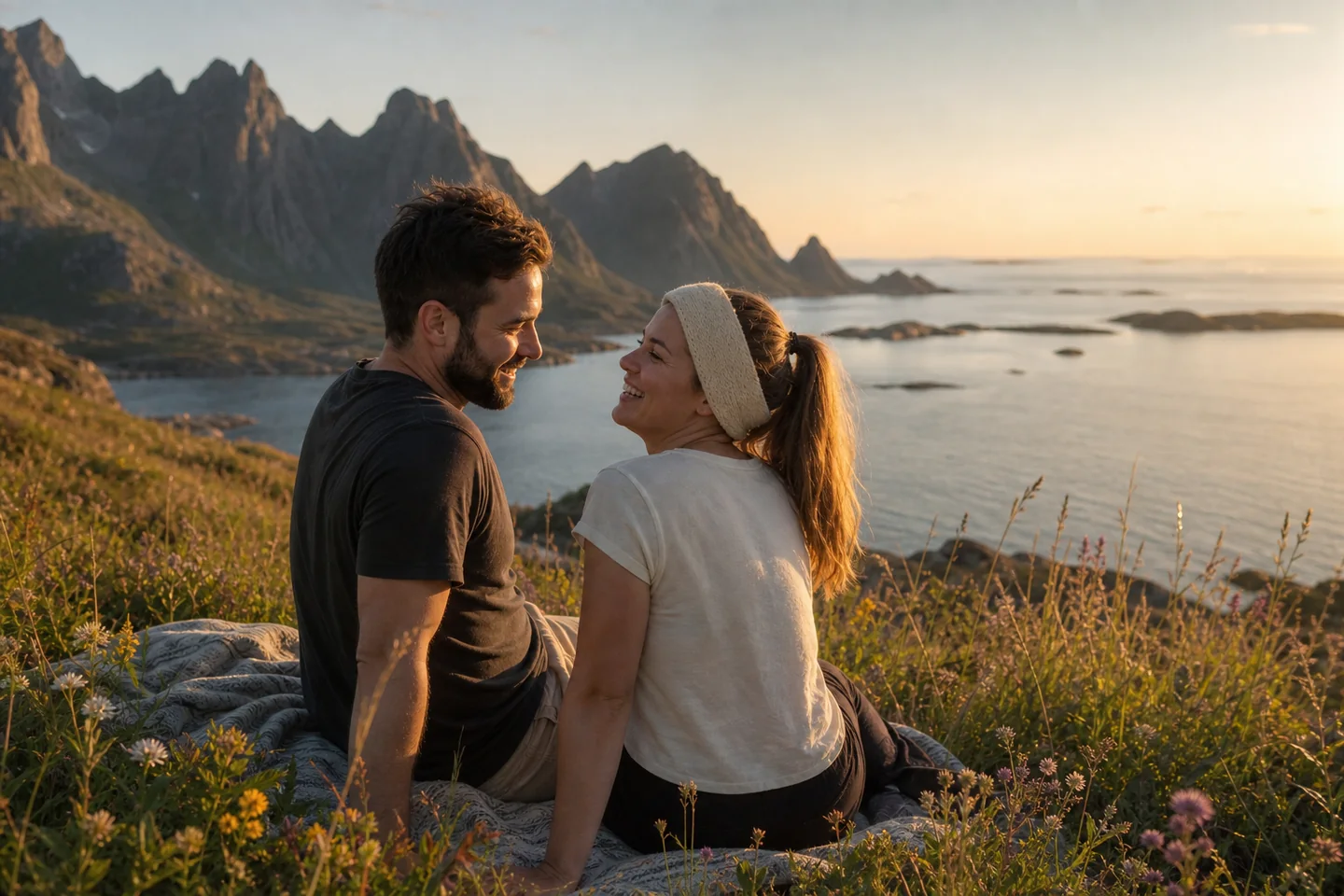 Summer evening couple portrait above a Lofoten fjord