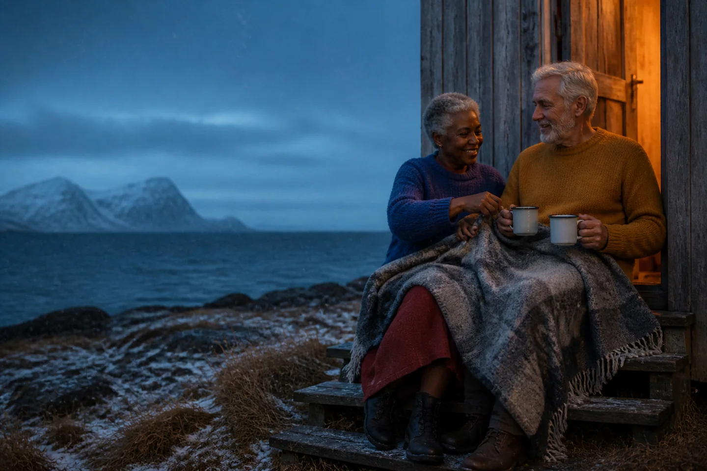 Older couple sharing a blanket outside a Lofoten cabin at blue hour