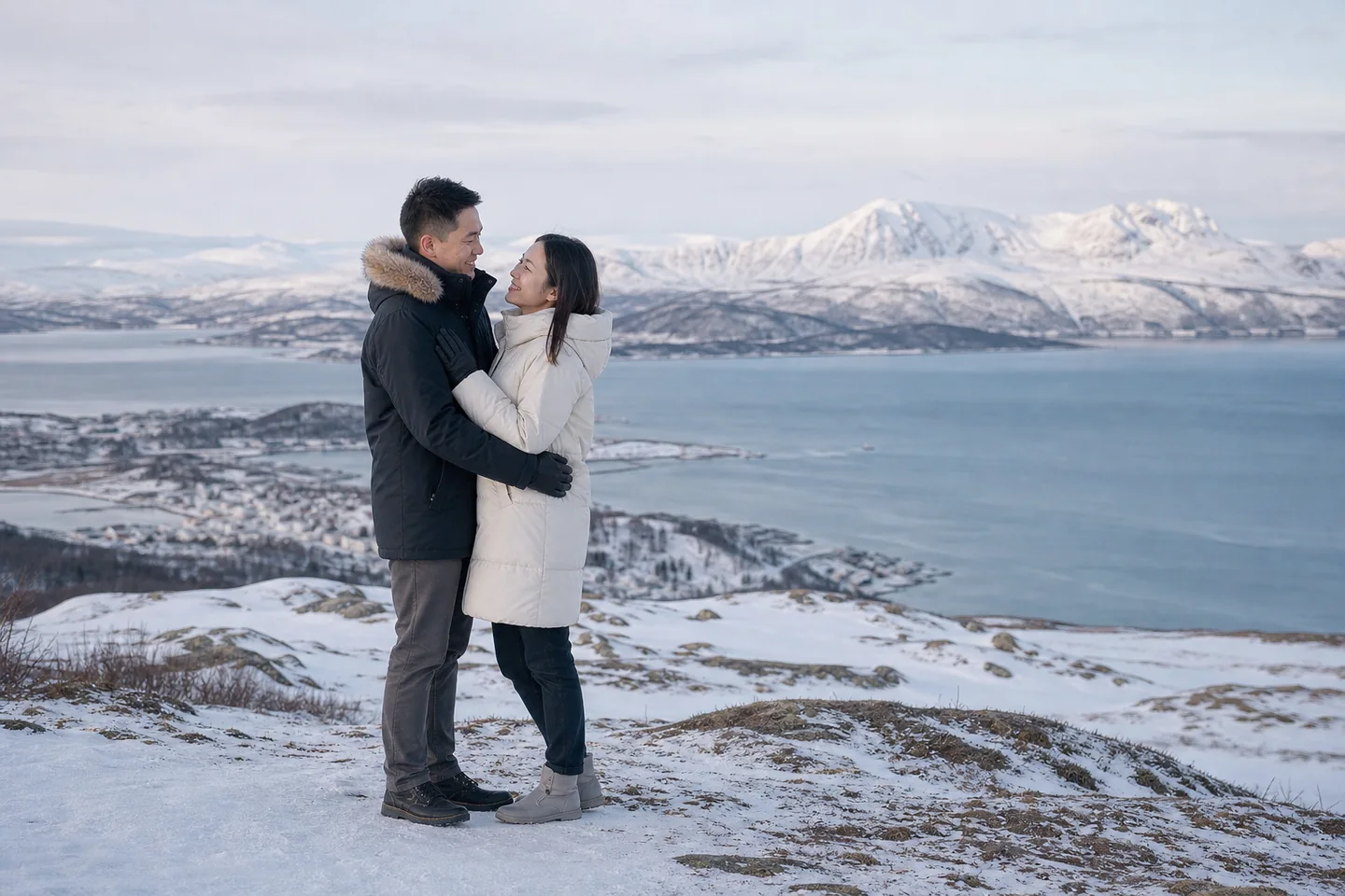 Winter couple portrait above the fjord in Tromsø