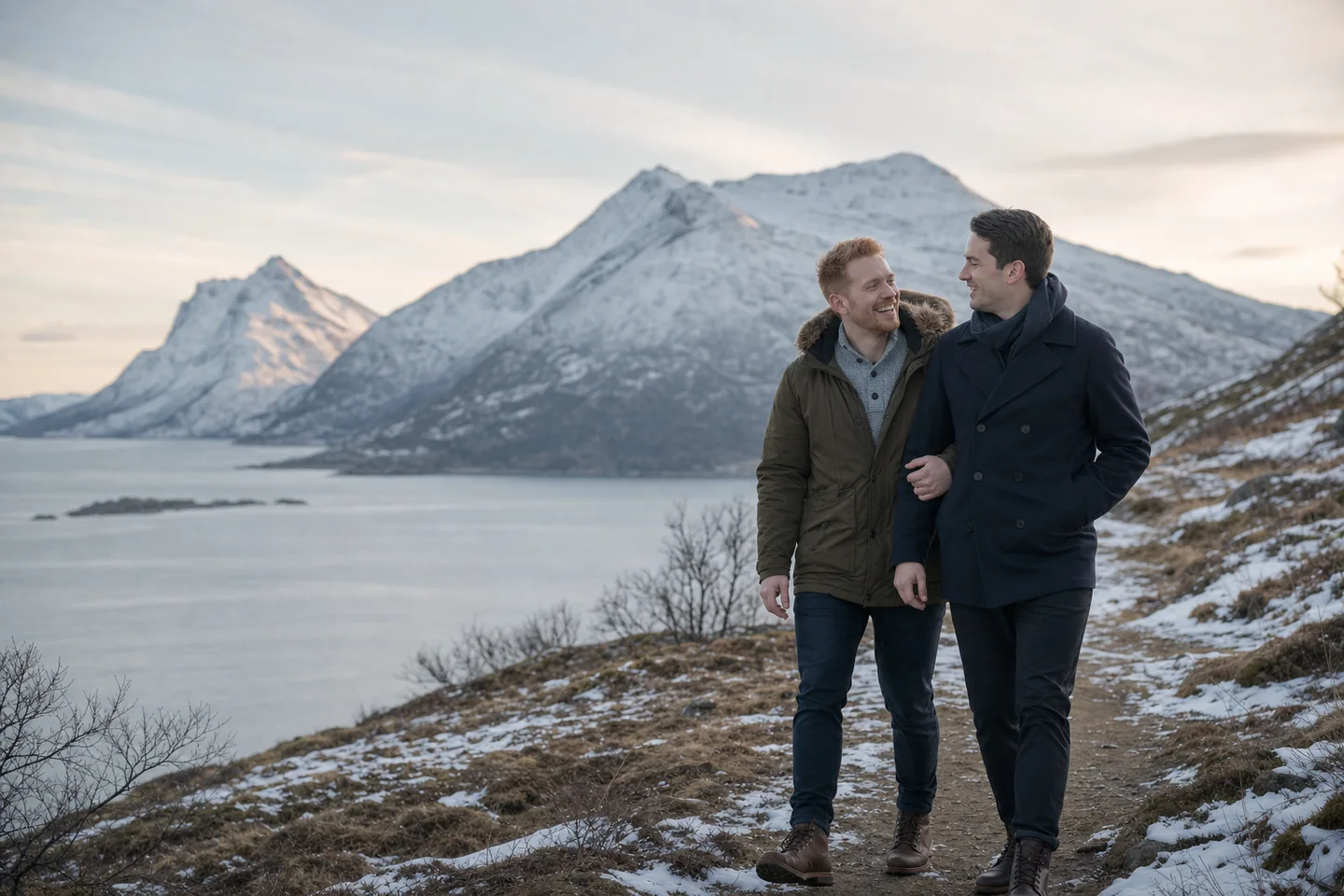 Couple walking together on a snowy coastal trail near Tromsø