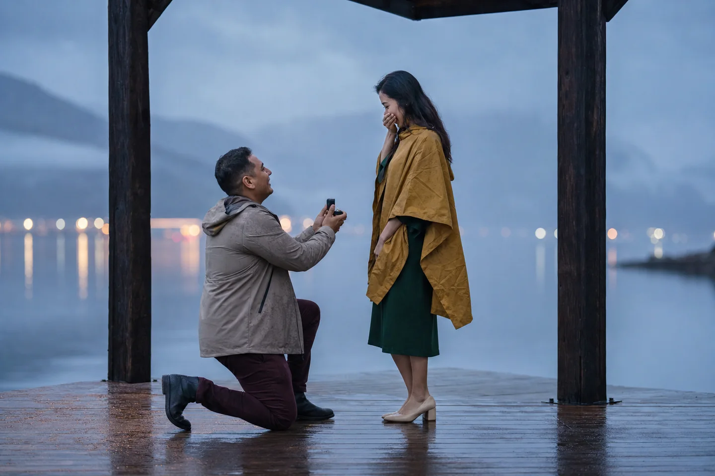 Surprise proposal beneath a harbour shelter in rainy Tromsø