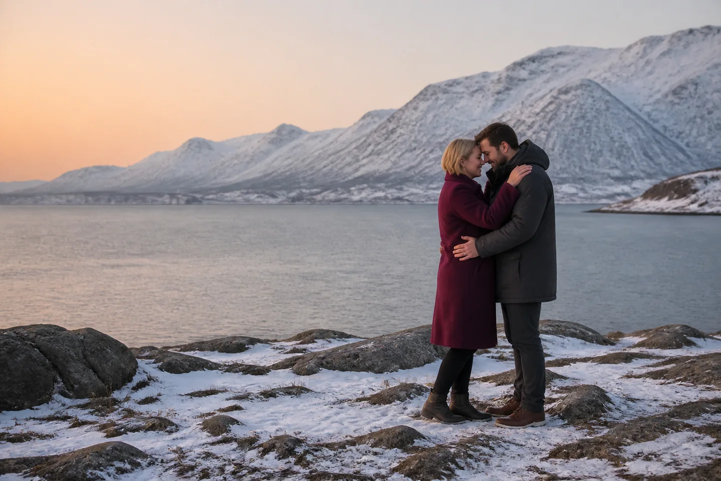 Quiet winter engagement portrait by the fjord in Tromsø