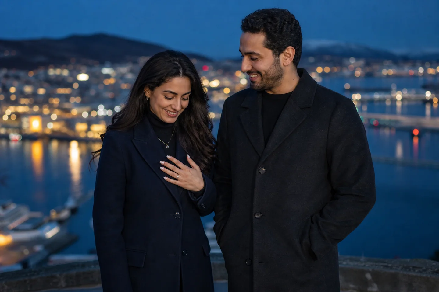 Engagement portrait overlooking Tromsø during blue hour