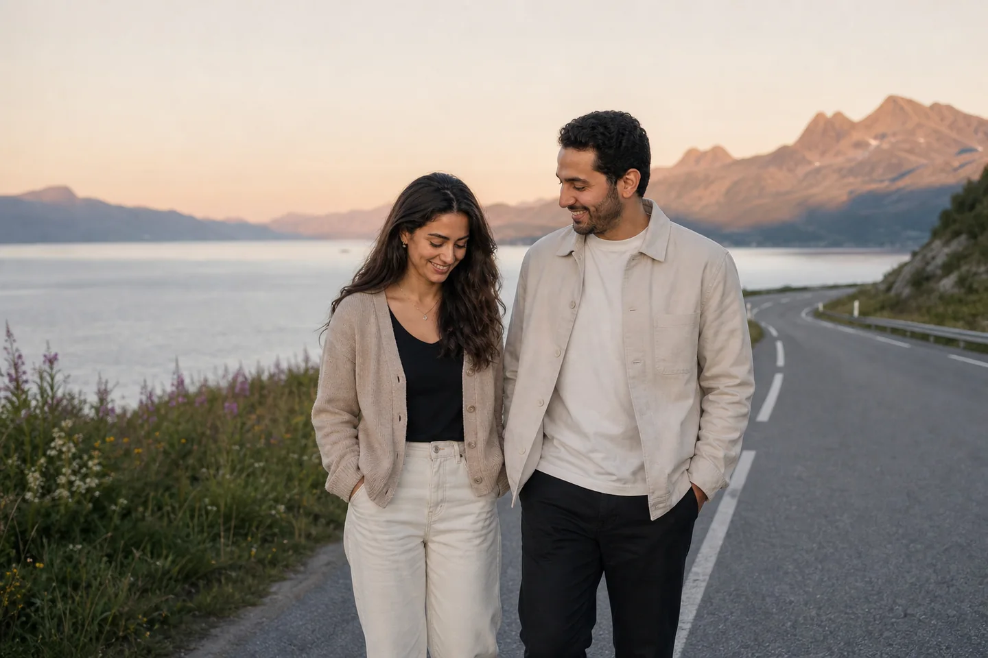 Summer couple portrait beside a fjord road outside Tromsø