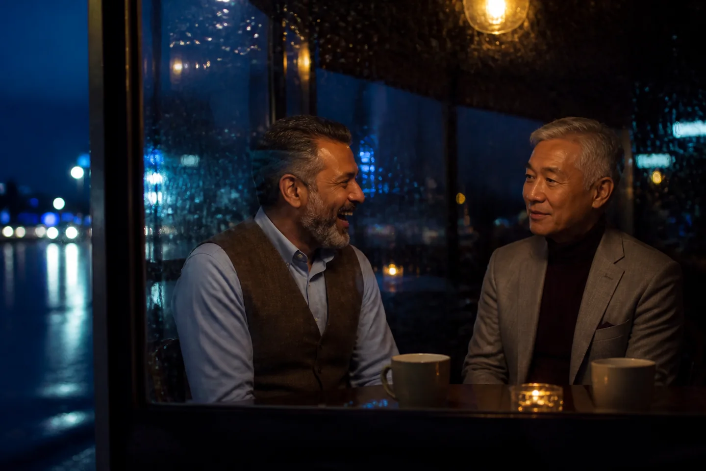 Older couple photographed through a rain-streaked Tromsø café window