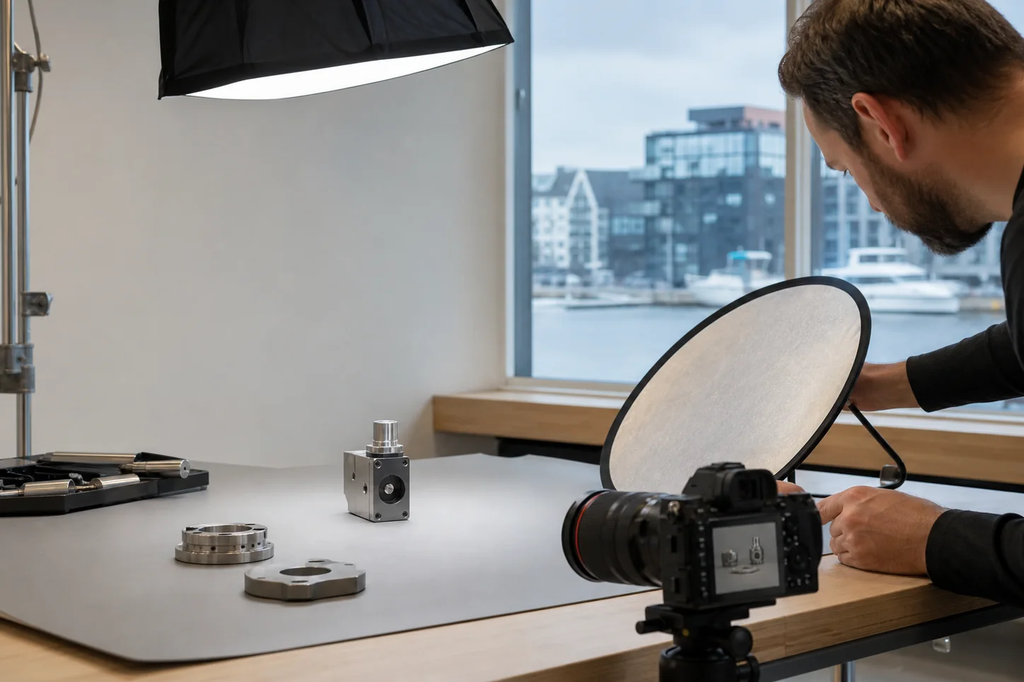 Produktfotograf i Stavanger fotograferer en teknisk komponent i studio